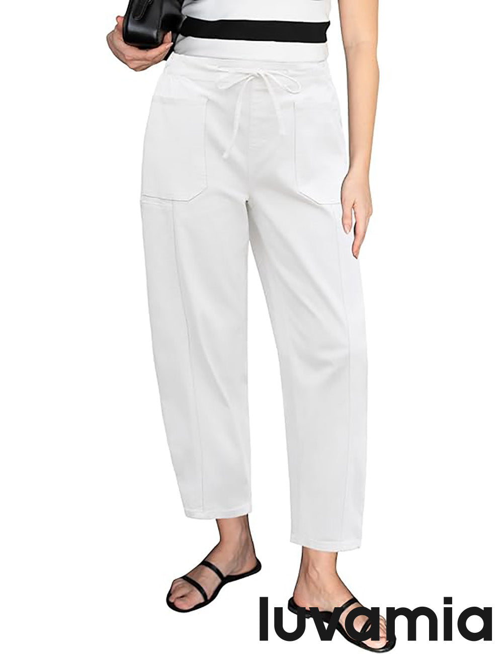Women's Denim Pocketed Elastic-Waist Drawstring Jeans – Cream White