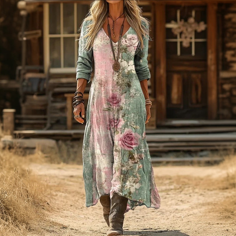 Floral Long Sleeve Casual Dress, Women's Vintage Fit