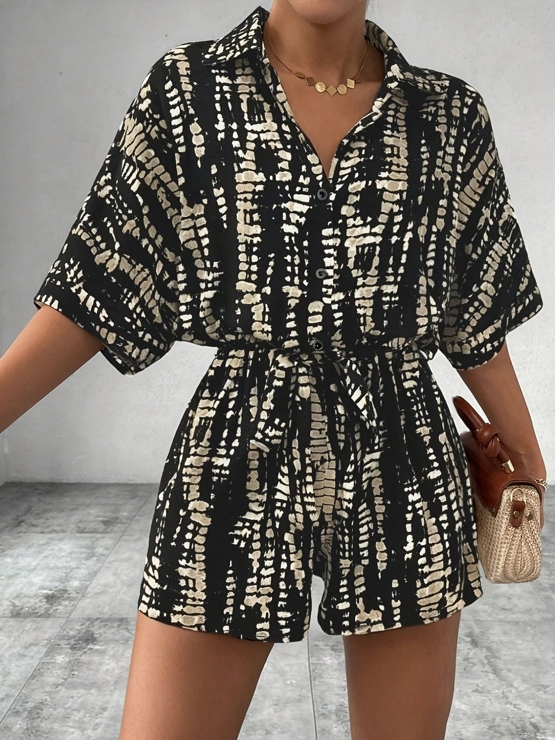 Ladies Belted Striped Romper