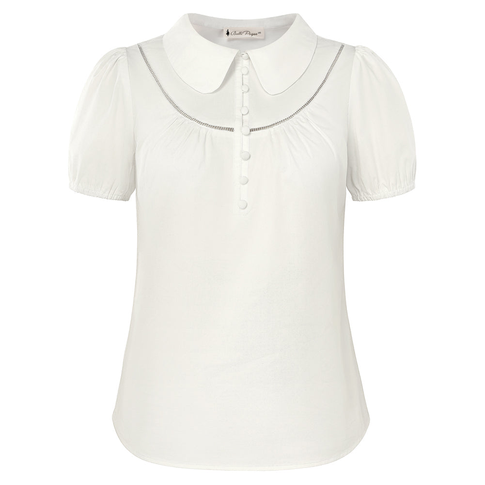 Women's Work Puff Sleeve Cotton Blouse with Peter Pan Collar