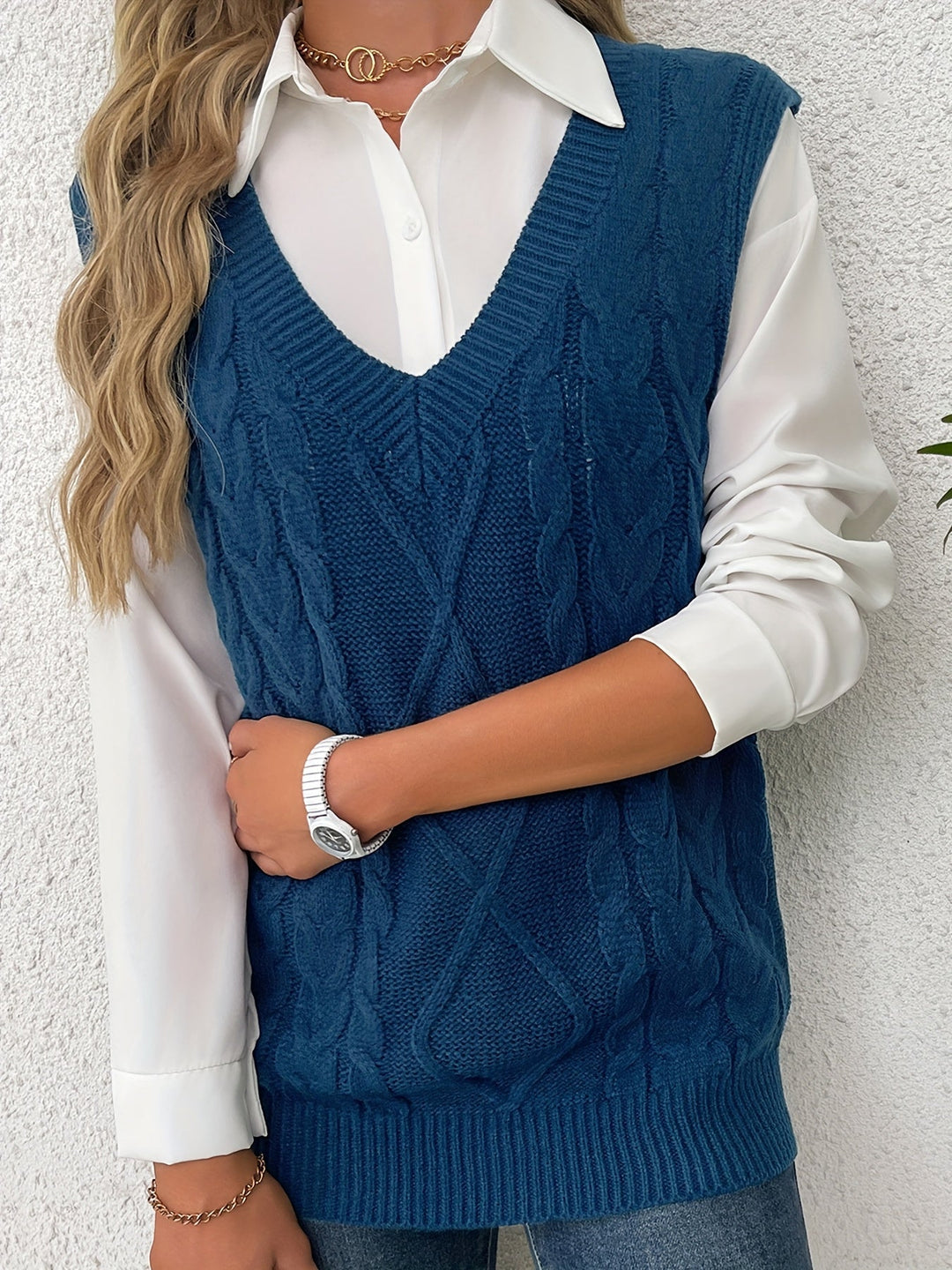 Ladies Cozy Cable-Knit V-Neck Sweater Vest