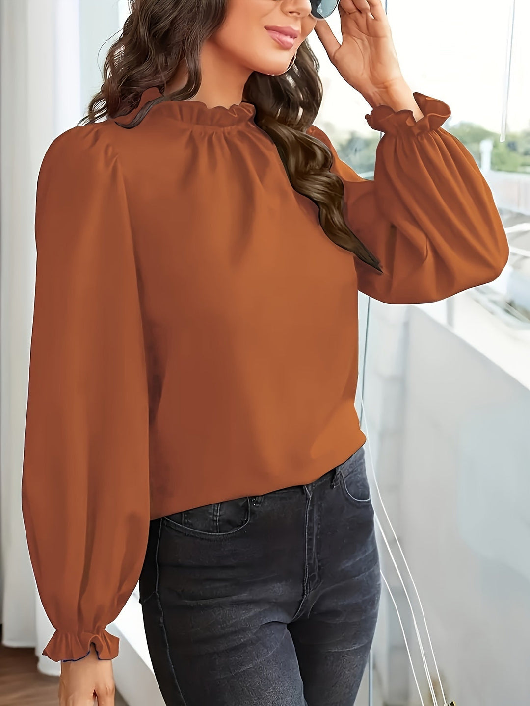Ruffled High-Neck Puff Sleeve Blouse for Women