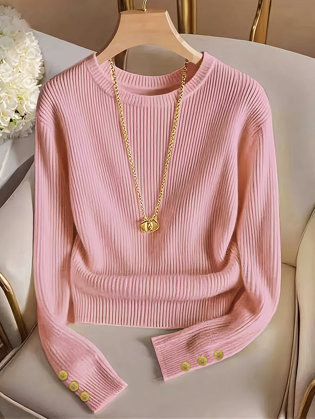 Ribbed Button-Cuff Sweater for Women