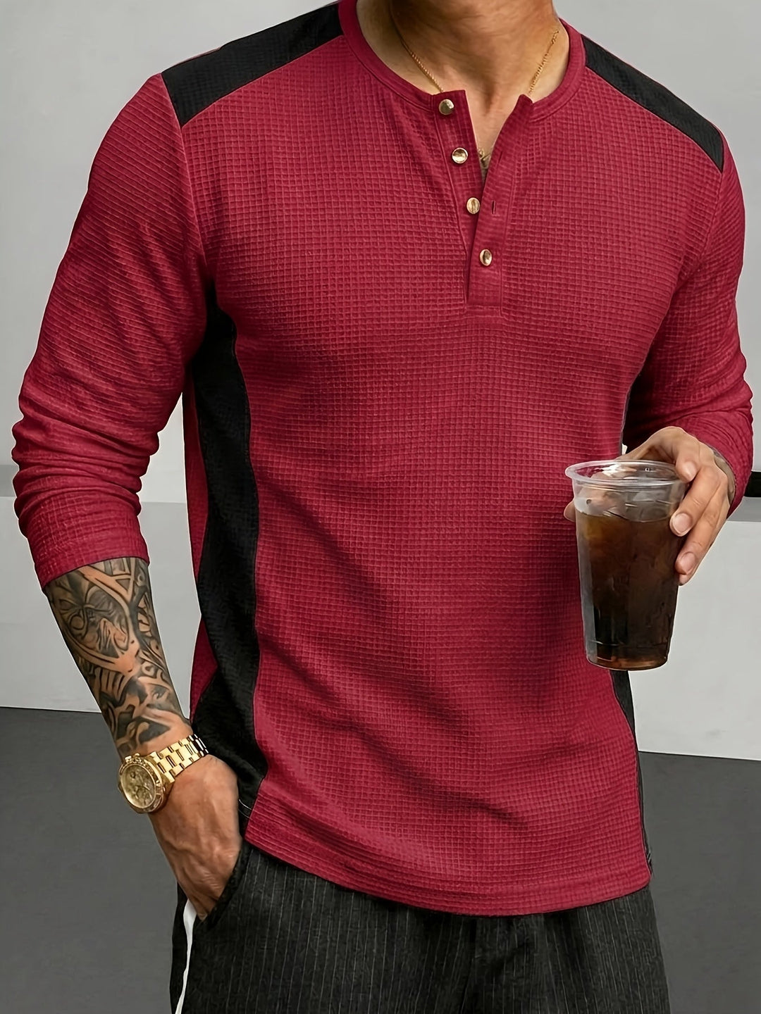 Textured Long-Sleeve Henley for Men, Plus Size