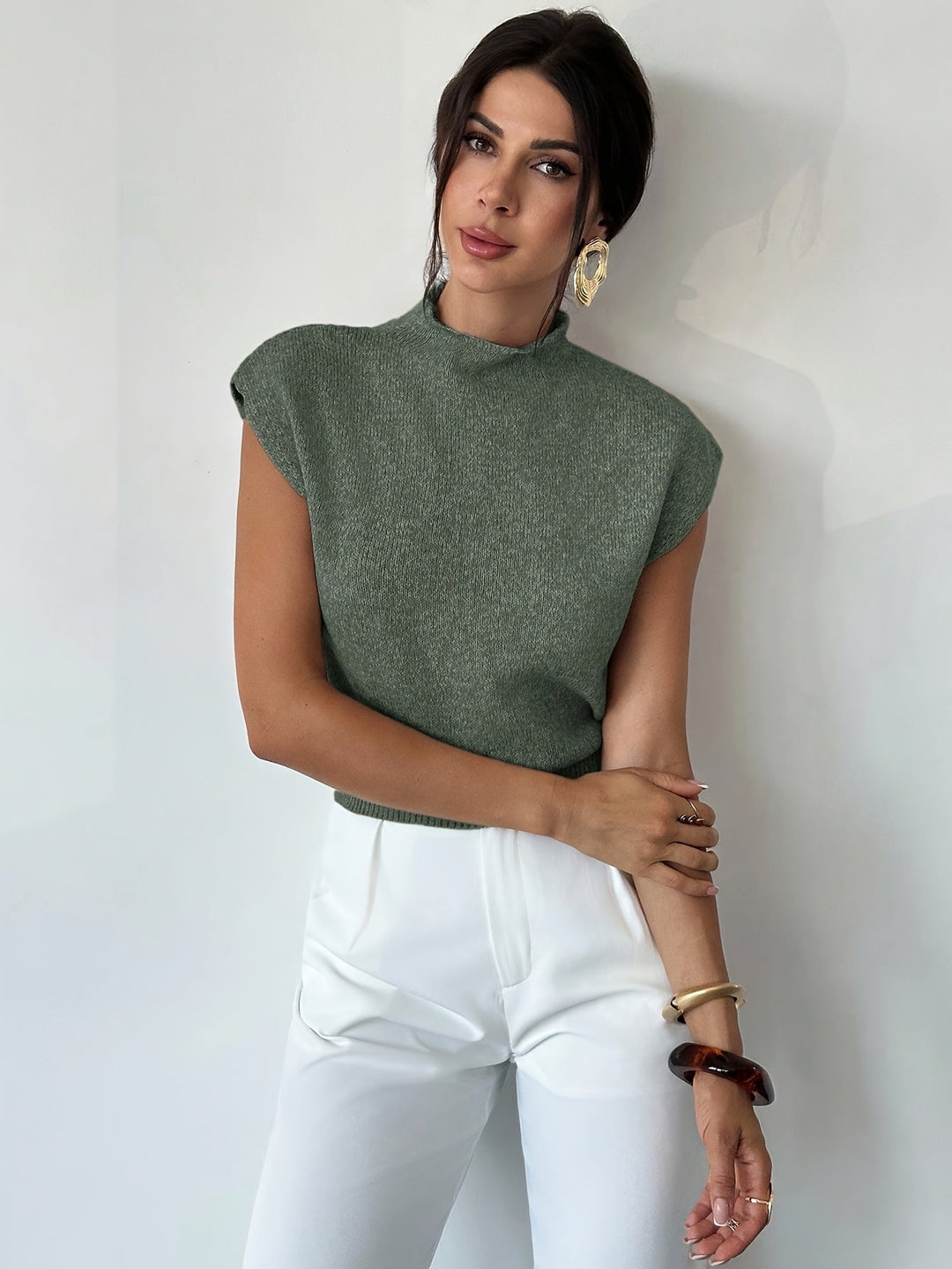 Olive Green Mock Neck Sleeveless Sweater Vest for Women