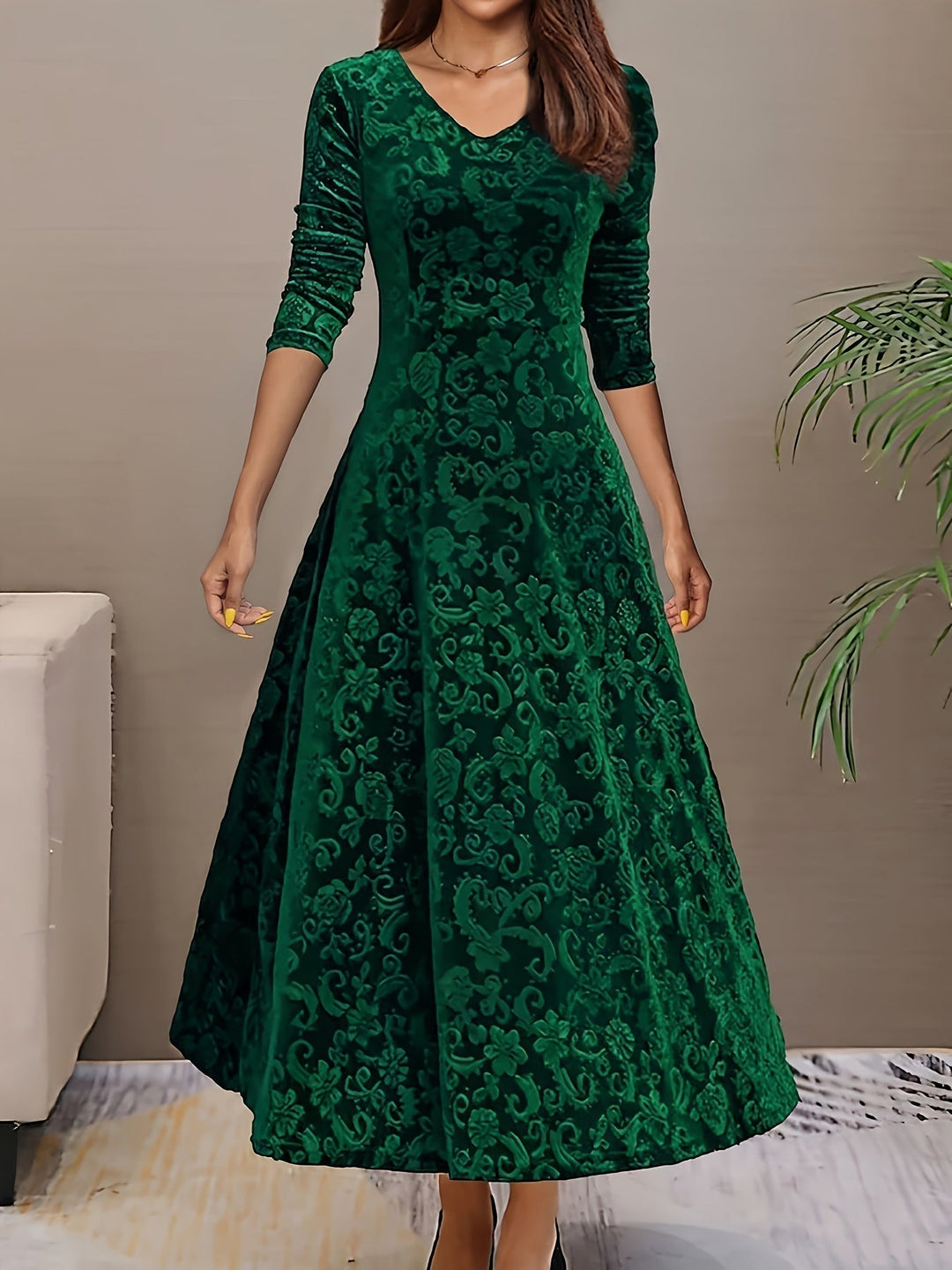 Long-Sleeve Midi Dress for Women, Elegant Style