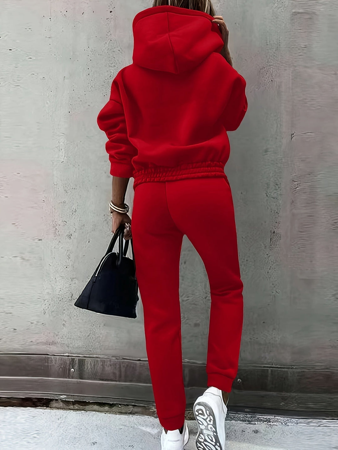 Red Relaxed Hooded Two-Piece Set for Women