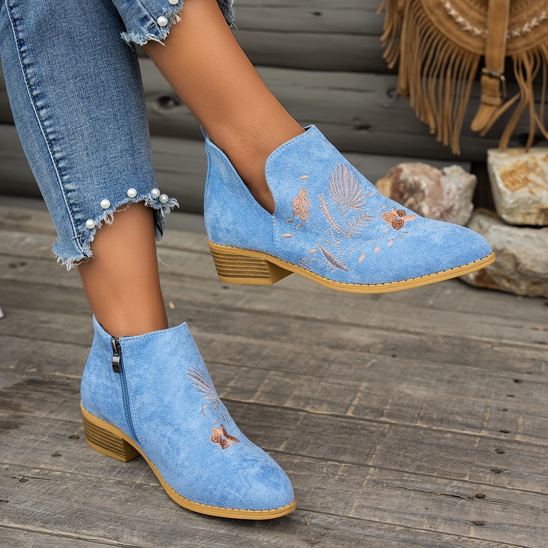 Embroidered Low-Heel Ankle Boots for Women