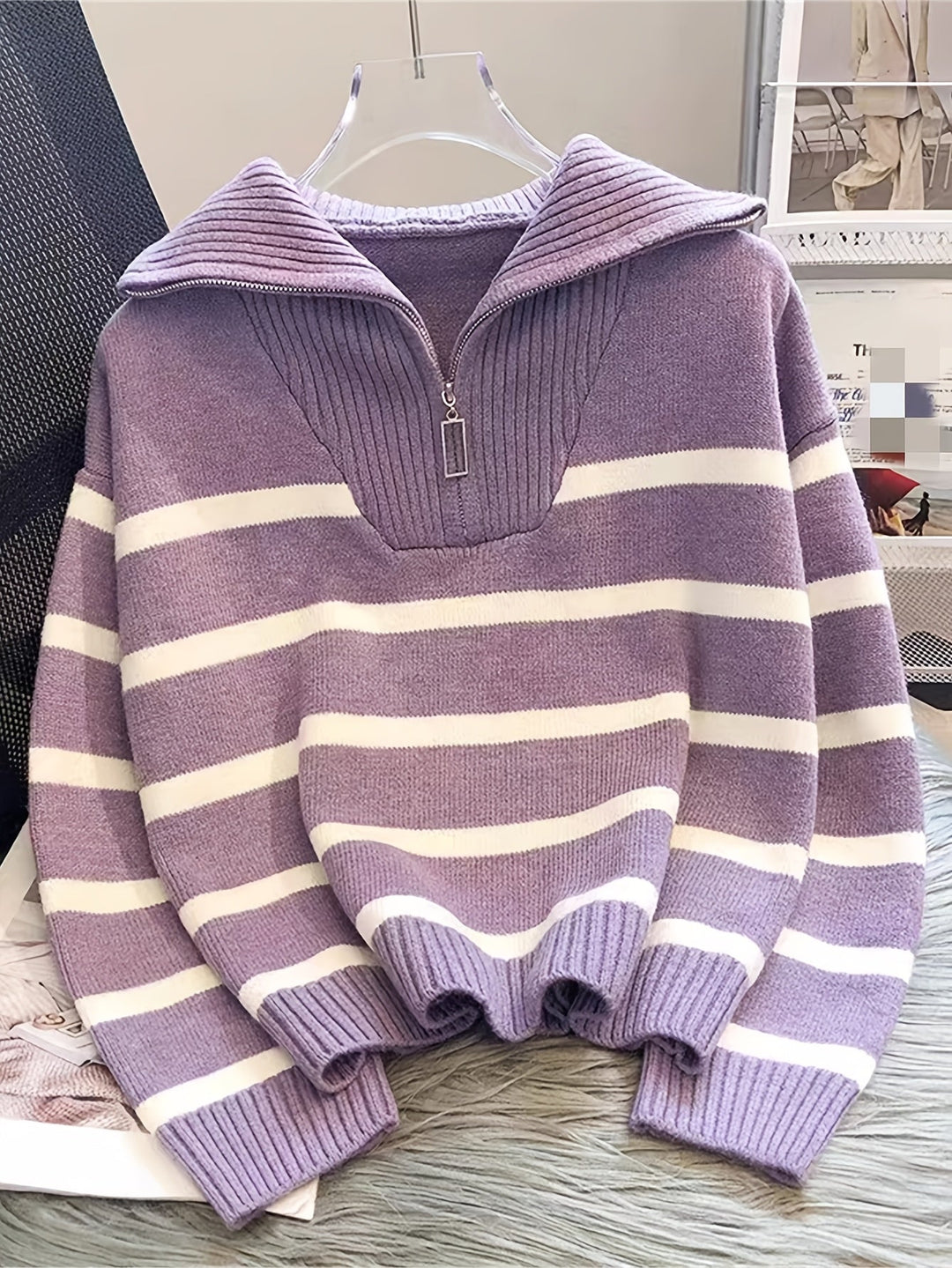 Striped Quarter-Zip Sweater for Women