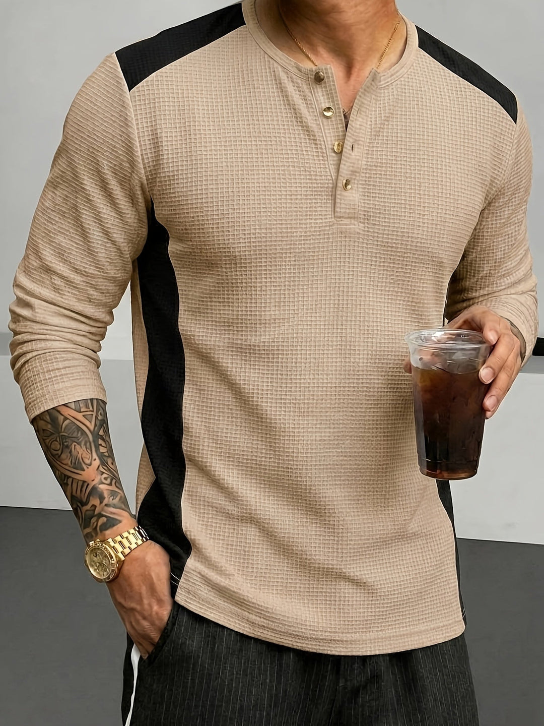 Textured Long-Sleeve Henley for Men, Plus Size