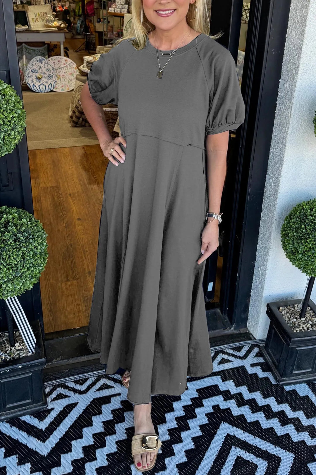 Puff Sleeve Round Neck Maxi Dress for Women, Plus Size