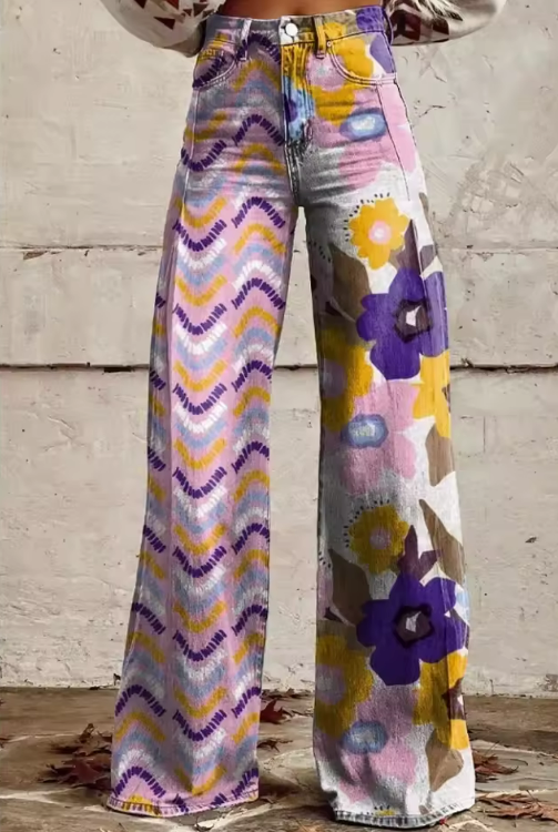 Multicolor Boho Flower Pants, Stylish Style