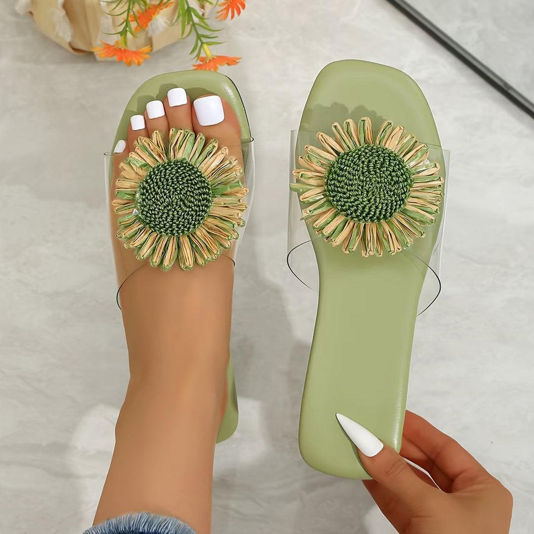 Green Floral Square-Toe Sandals for Women