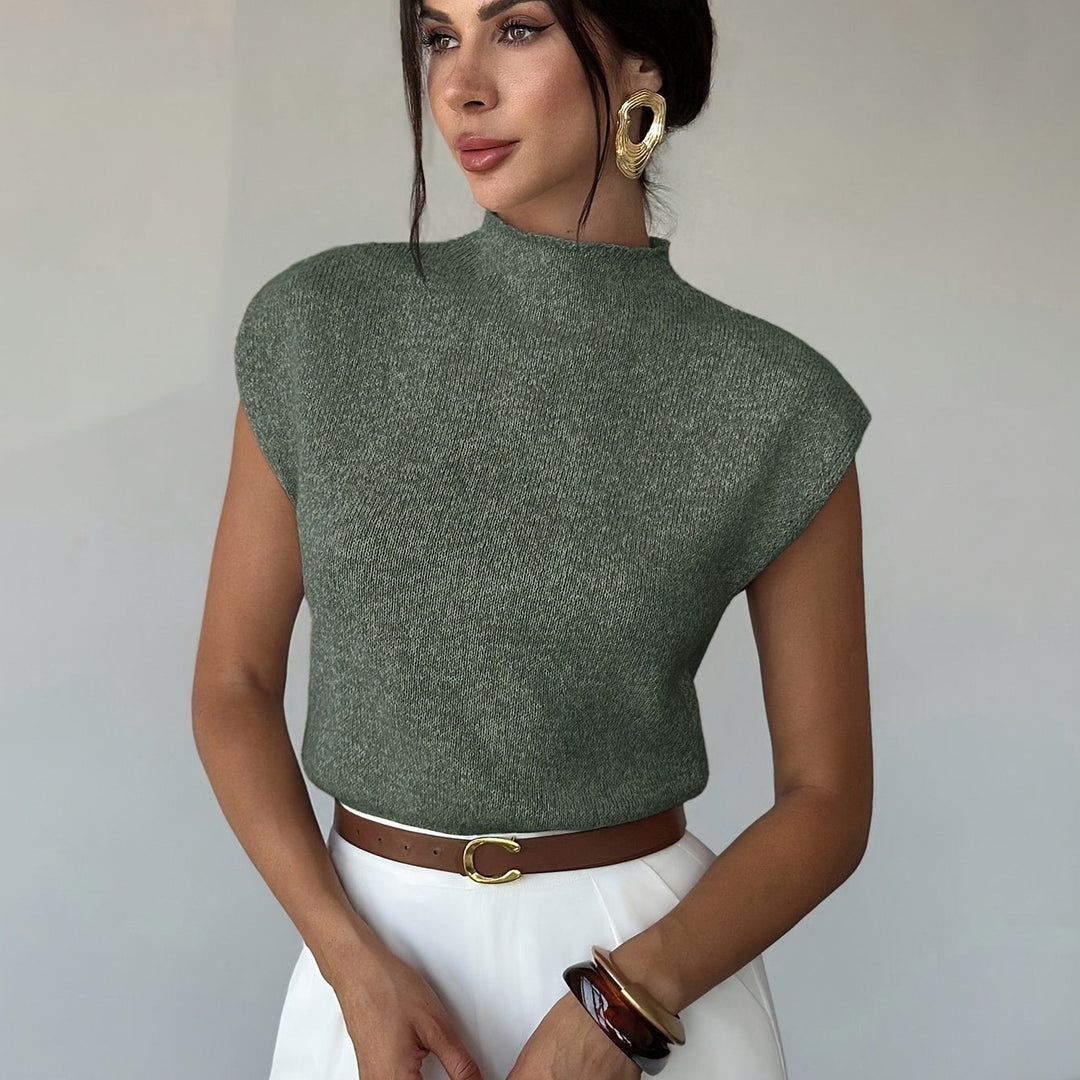 Olive Green Mock Neck Sleeveless Sweater Vest for Women