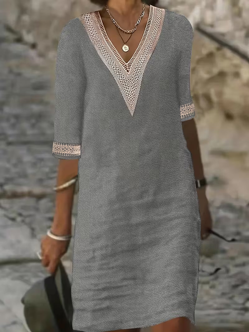 V-Neck Mid Sleeve Dress for Women, Stylish Style