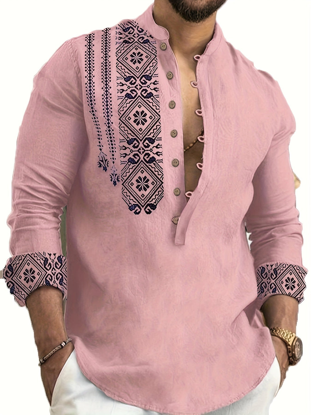 Patterned Long Sleeve Henley Shirt for Men