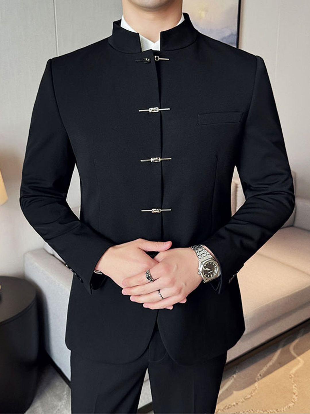 Black Stand Collar Jacket for Men