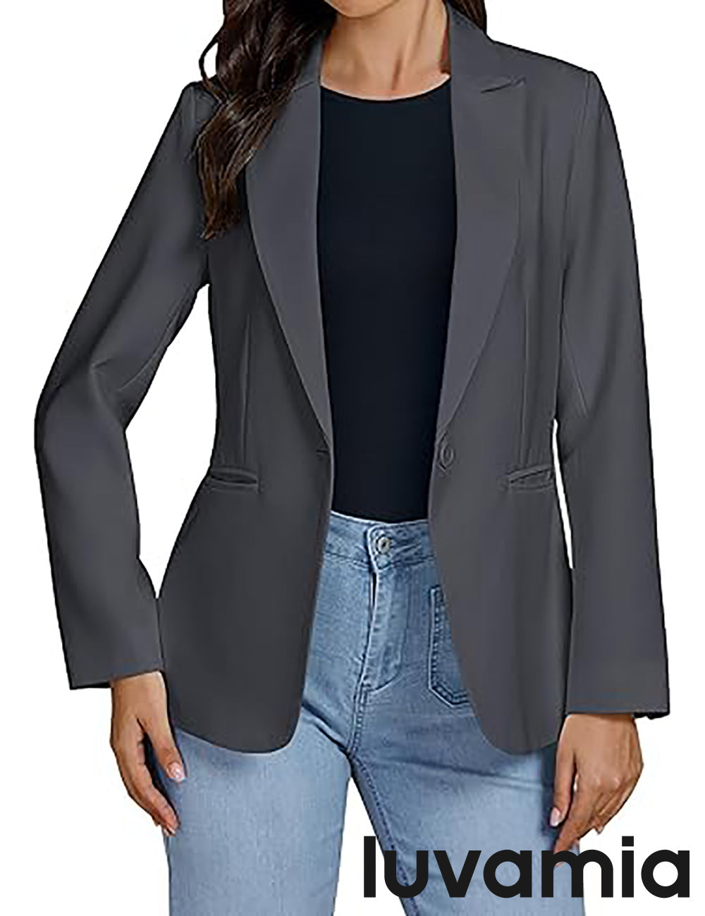 Women's Lapel Long Sleeve Pocketed Business Blazer – Dark Gray