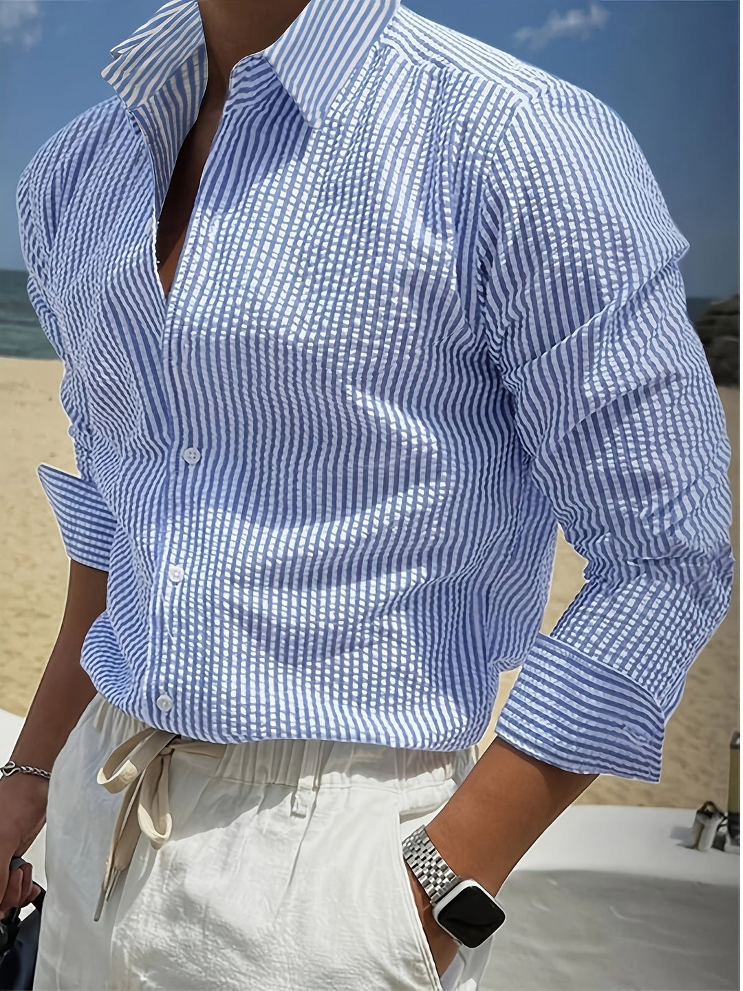 Striped Long-Sleeve Shirt for Men, Textured Style