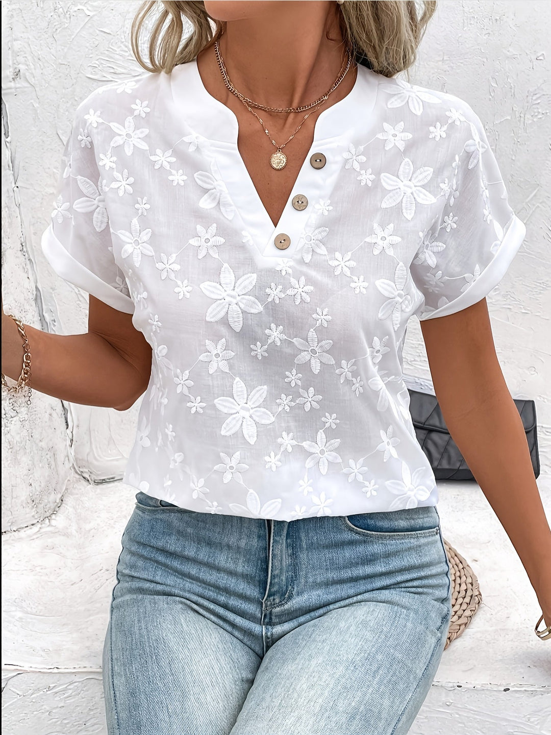 White Floral Embroidered V-Neck Blouse for Women