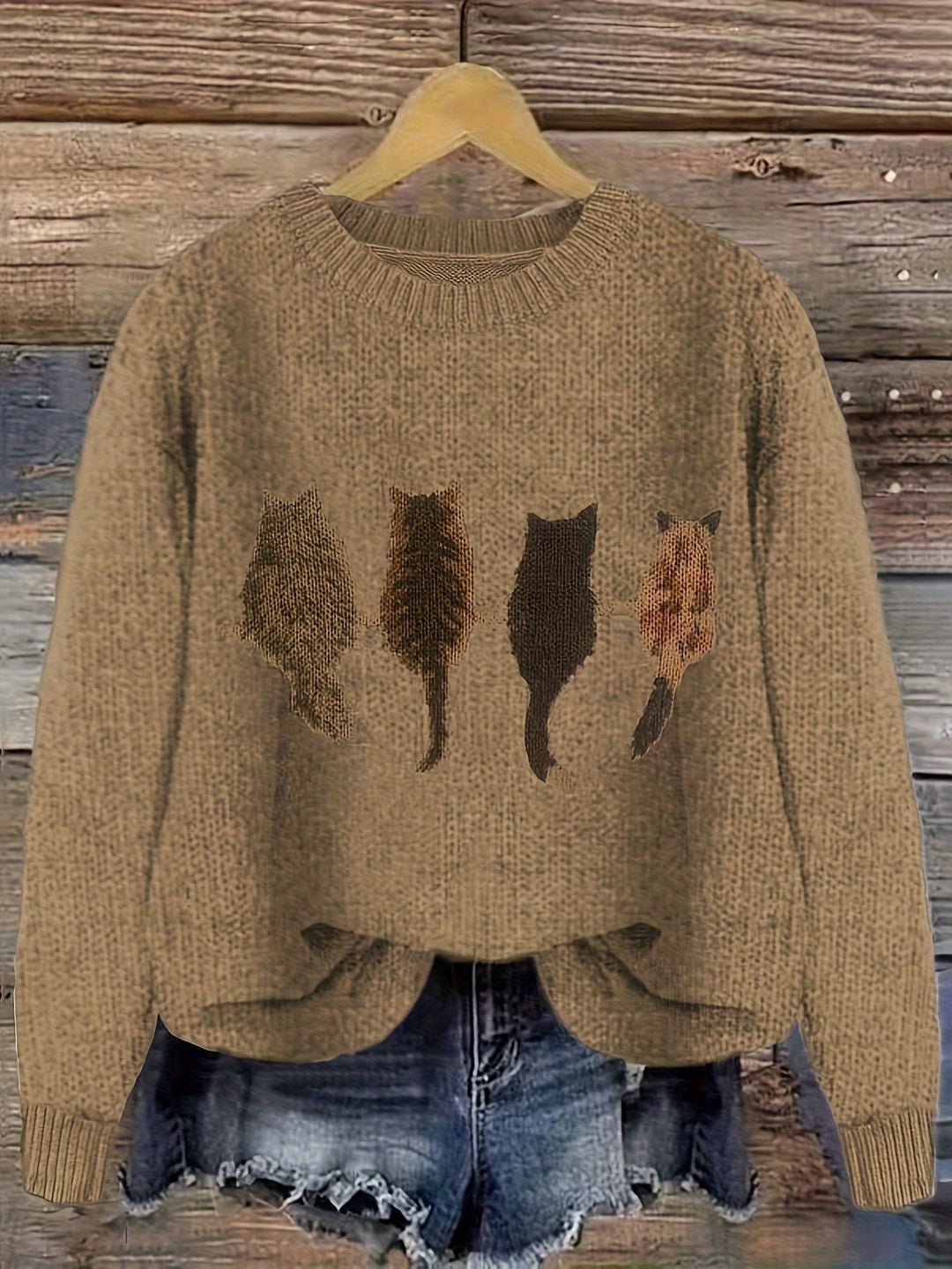 Cat-Print Sweater for Women, Cozy Style