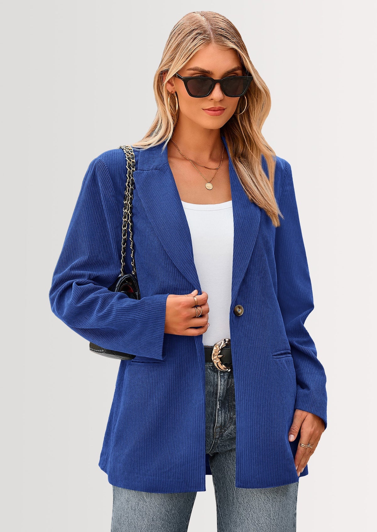 Women's Corduroy Lapel Long Sleeve Business Blazer – Blue