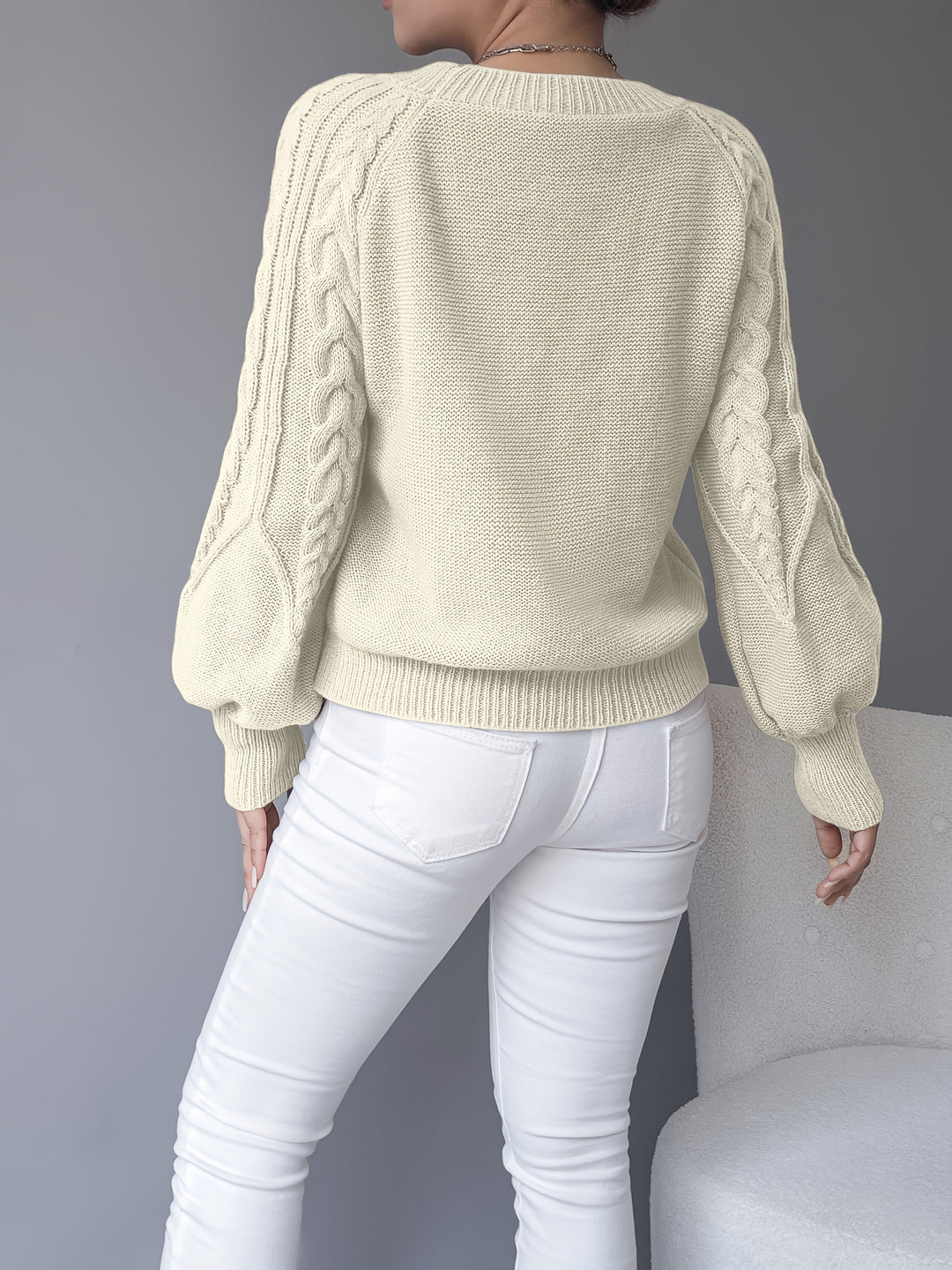 Cable-Knit Lantern Sleeve Sweater for Women