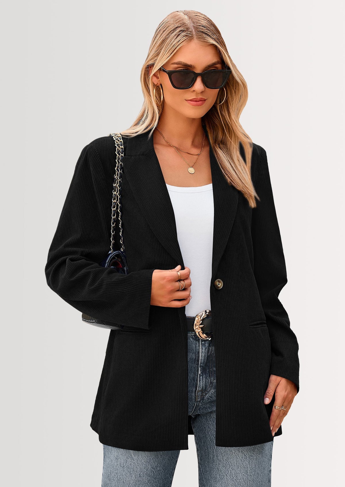 Women's Corduroy Lapel Long Sleeve Business Blazer – Black
