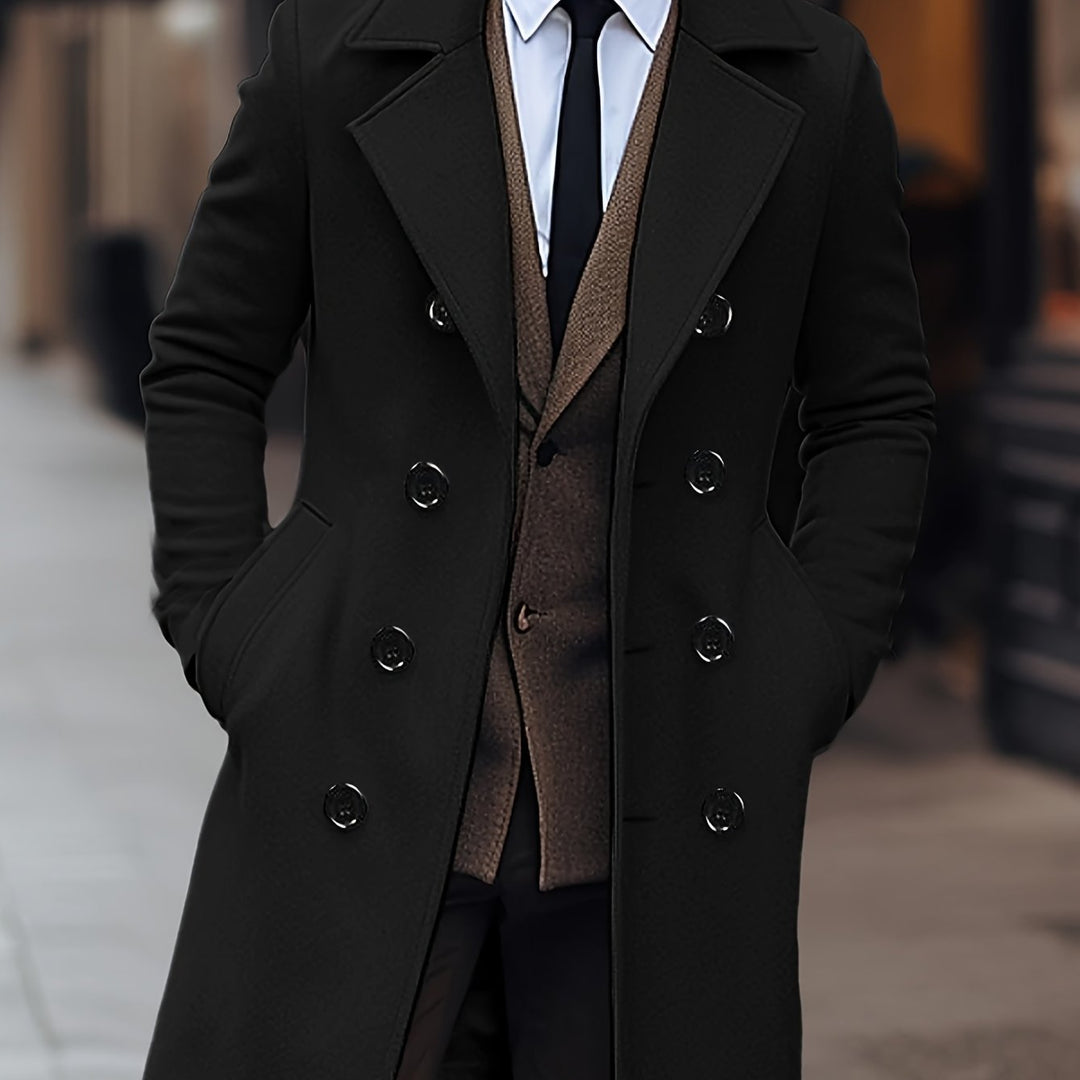 Black Double-Breasted Tailored Overcoat for Men