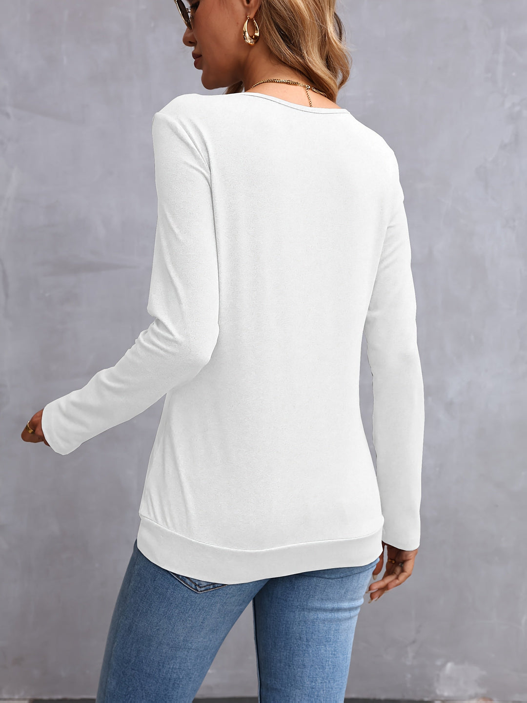 Side-Button V-Neck Long Sleeve Top for Women