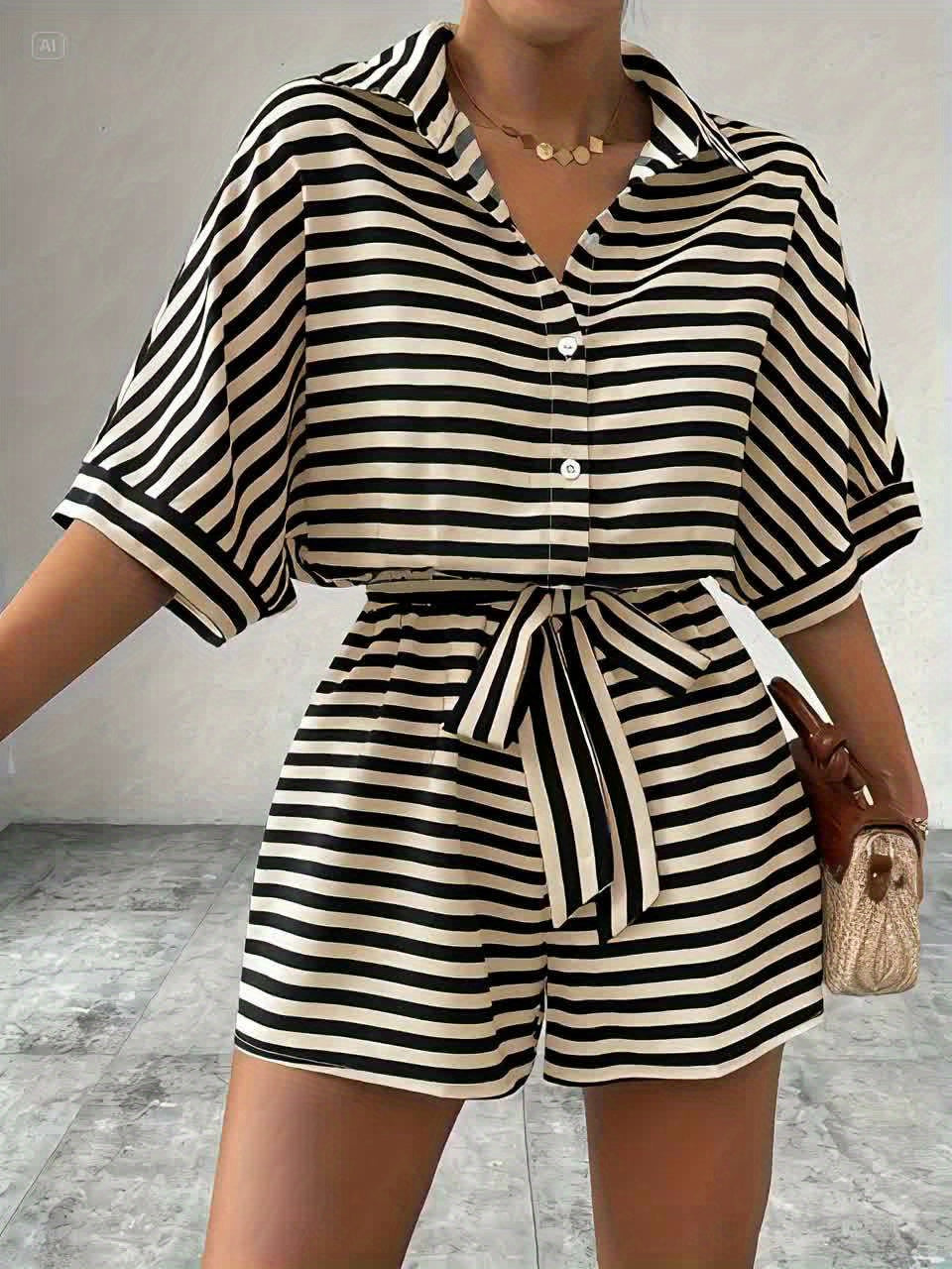 Ladies Belted Striped Romper