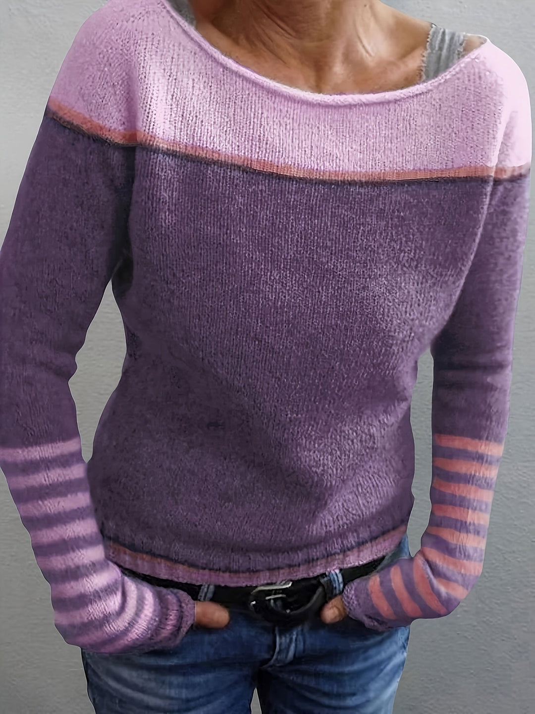 Color-Block Boat Neck Sweater for Women