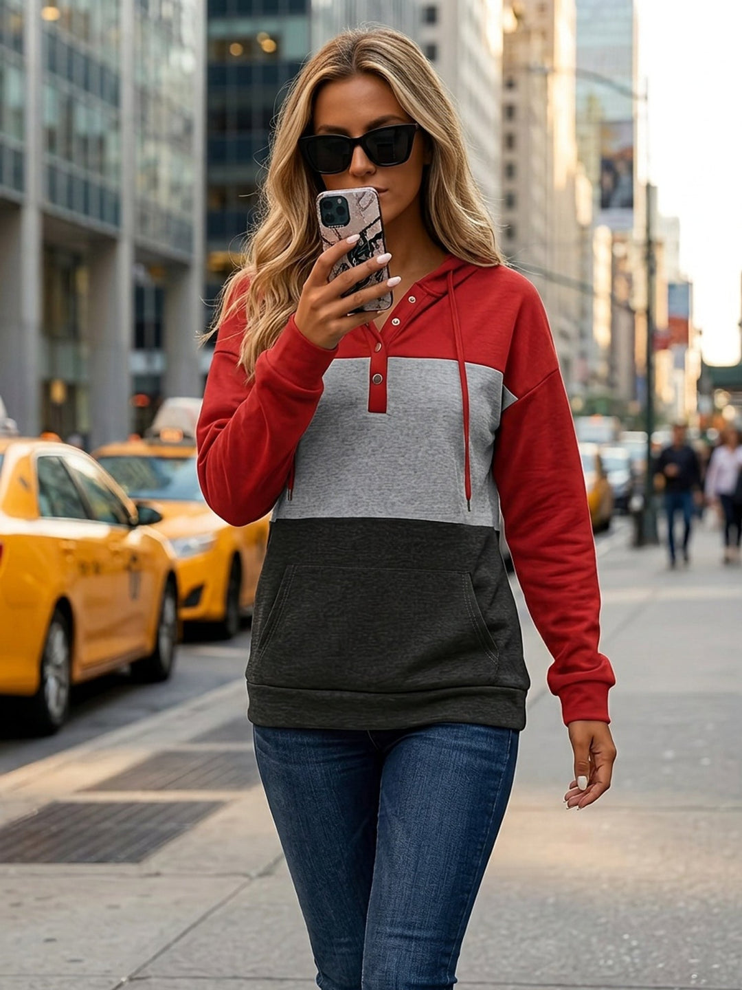 Color Block Button-Neck Hoodie for Women