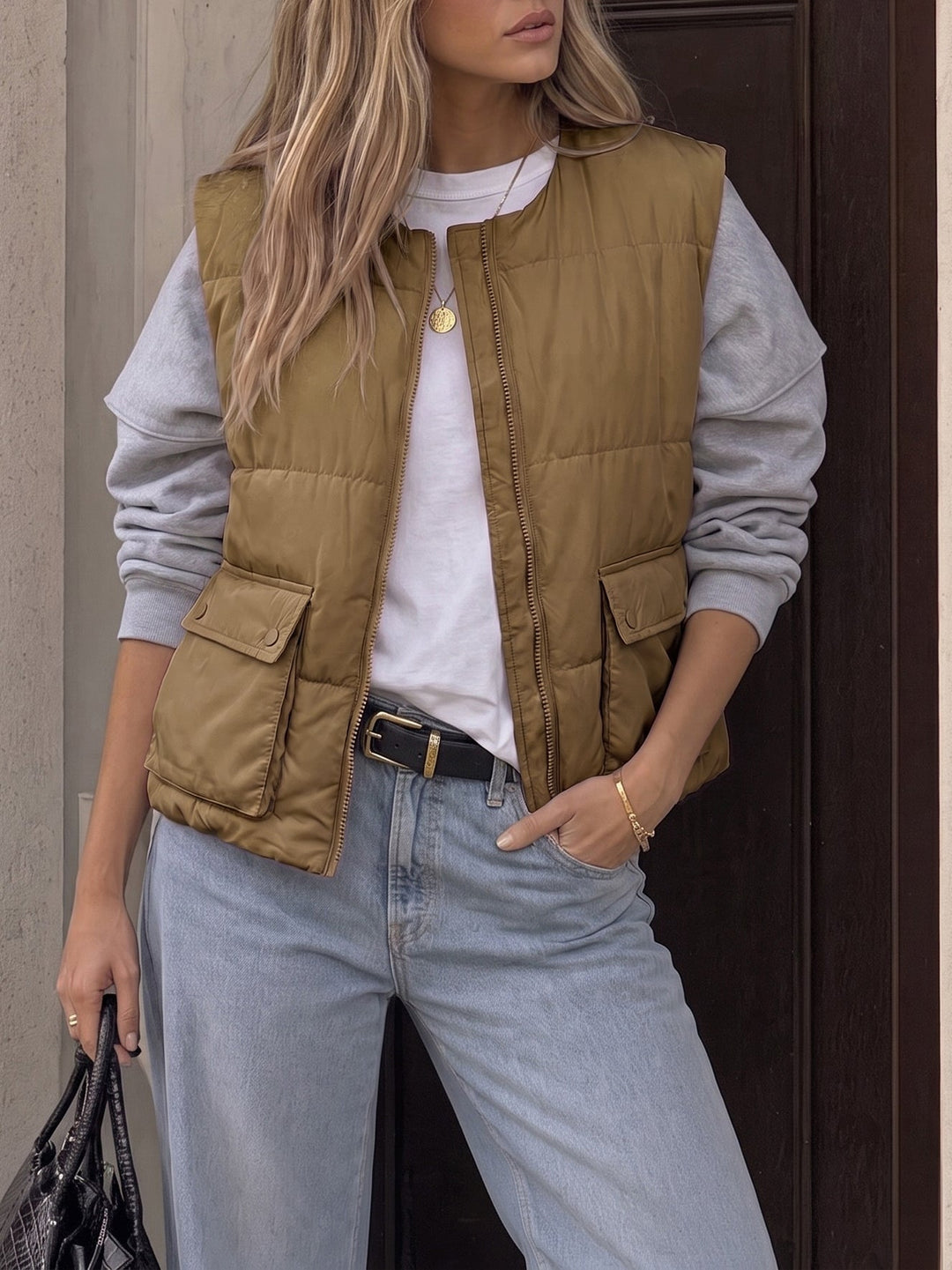 Women's Cropped Quilted Padded Zip-Up Jacket with Pockets