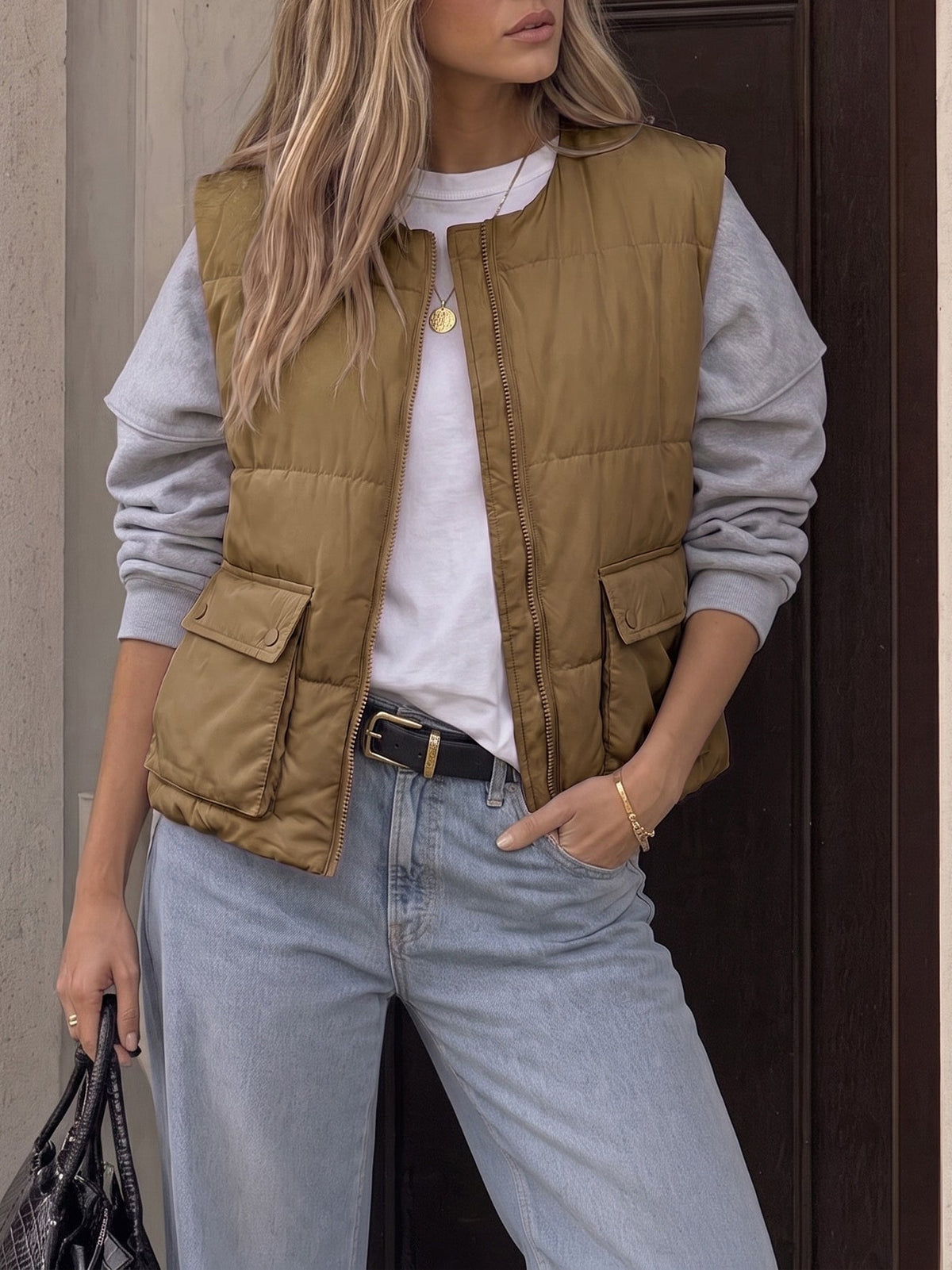 Women's Padded Cropped Zip-Up Pocketed Quilted Jacket – Dark Khaki