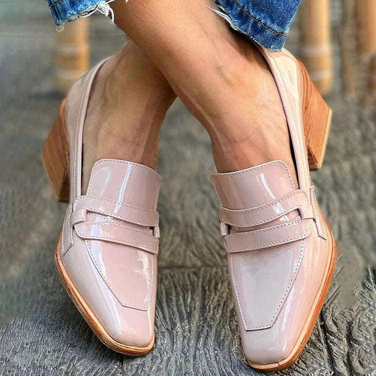 Wide Heel Shiny Mocassins for Women, Elegant Style