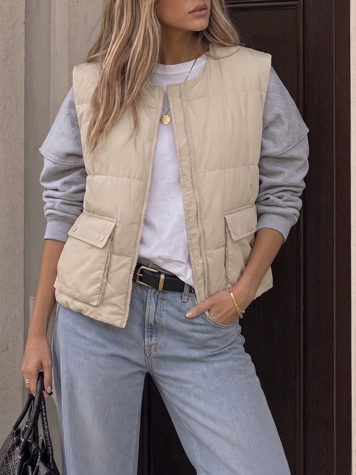 Women's Padded Cropped Zip-Up Pocketed Quilted Jacket – Light Khaki