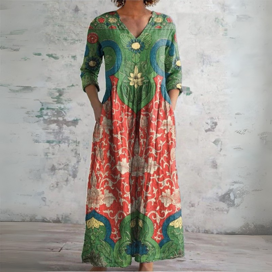 Women's Vintage Floral Mid Sleeve Maxi Dress