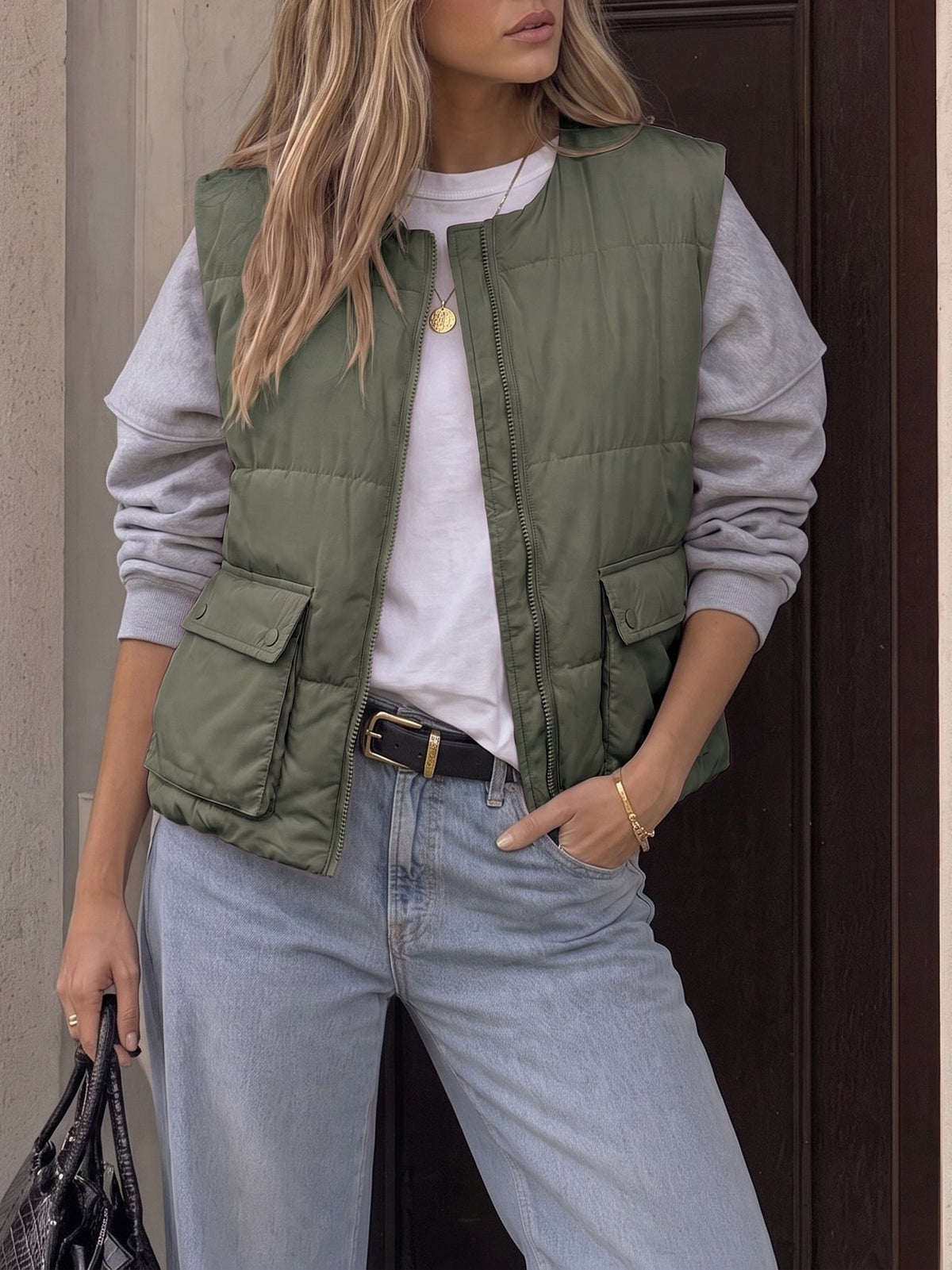 Women's Padded Cropped Zip-Up Pocketed Quilted Jacket – Army Green