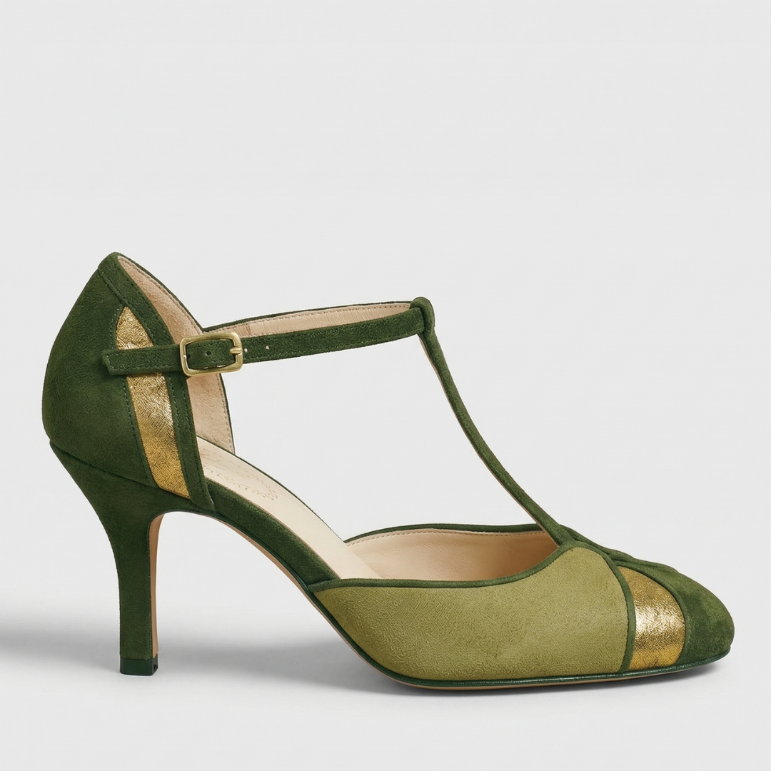 Green Sophisticated Suede T-Strap Heels for Women