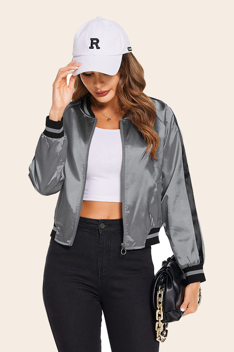 Women's Zip-Up Striped Biker Bomber Jacket – Gray