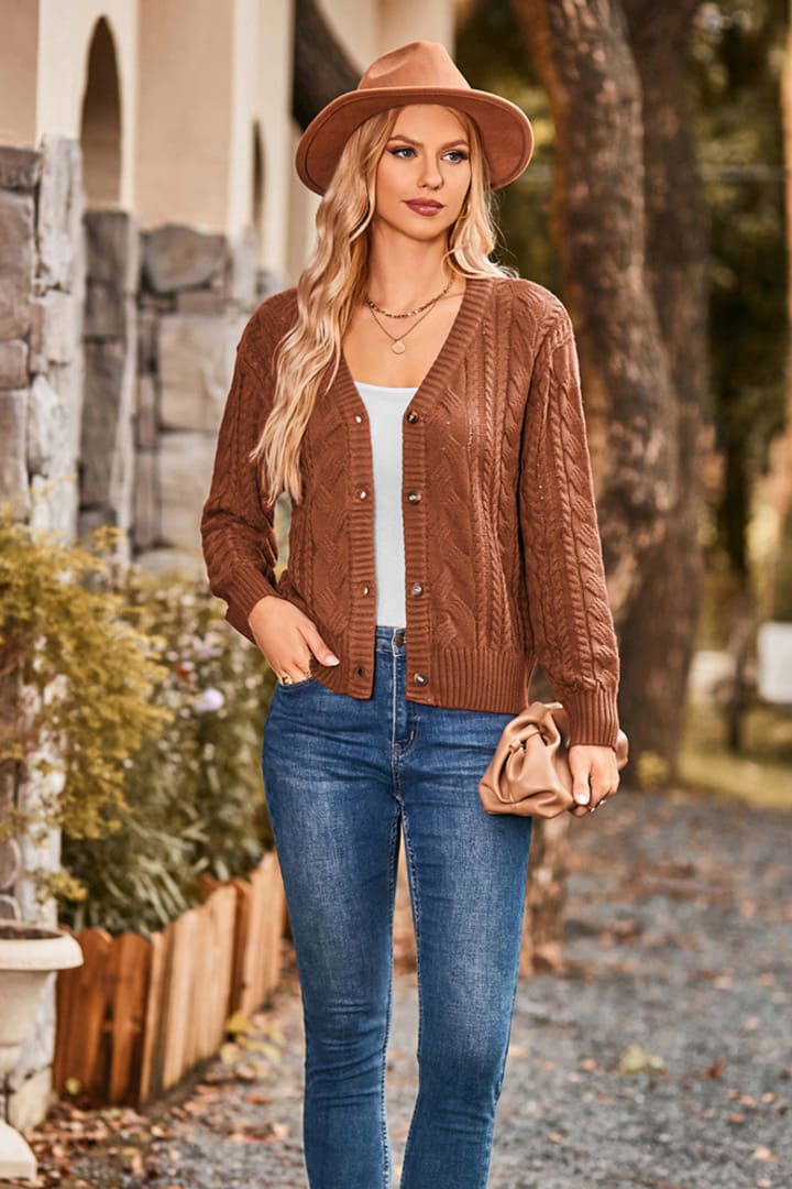 Women's Cable Knit Button-Up V-Neck Long Sleeve Cardigan – Brown