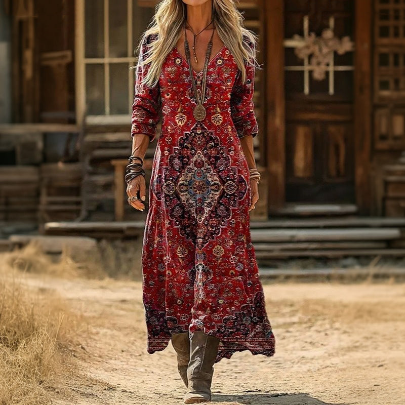 Red Vintage-Inspired Long Sleeve Casual Dress for Women