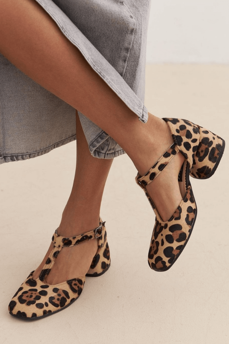 Leopard T-Strap Block Heels for Women, Stylish Style