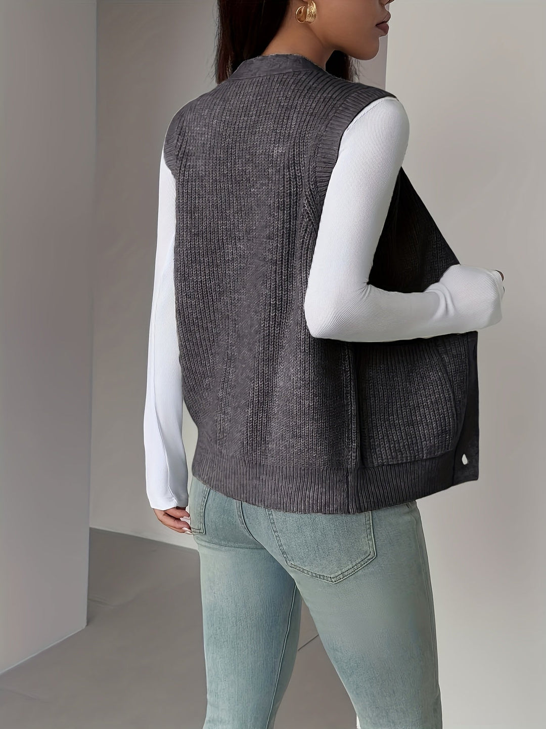 Buttoned V-Neck Knit Vest for Women