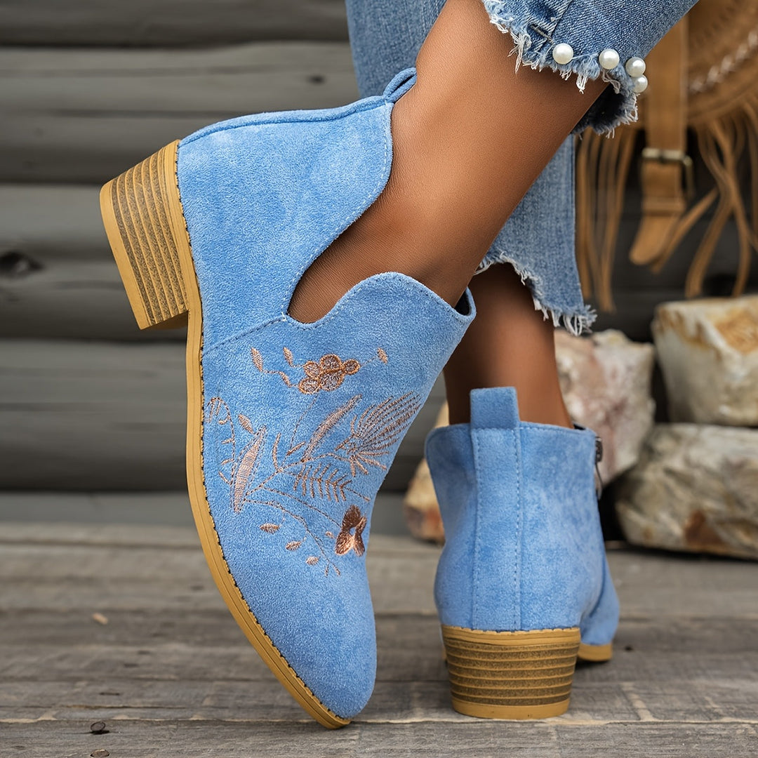 Embroidered Low-Heel Ankle Boots for Women