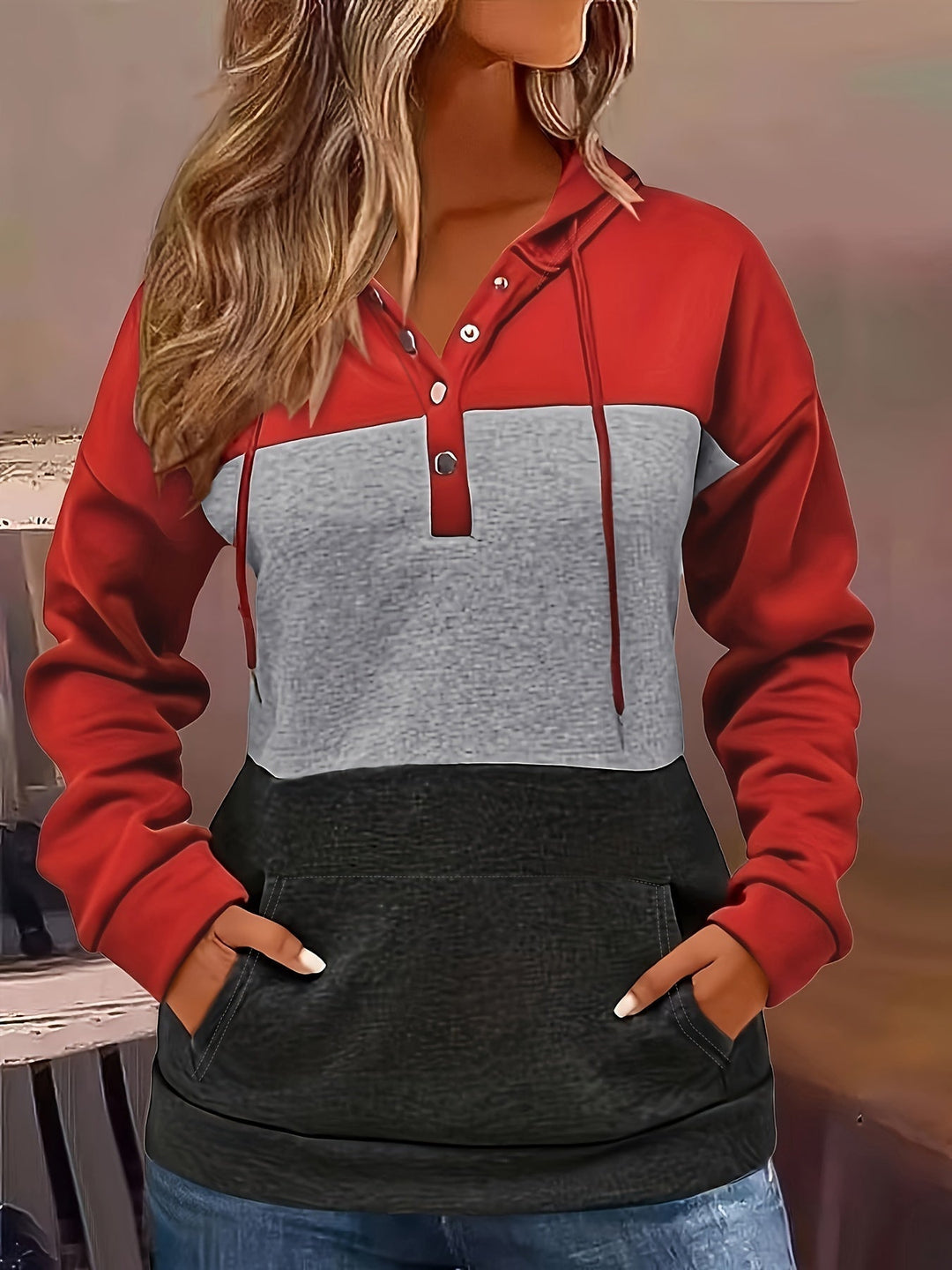Color Block Button-Neck Hoodie for Women