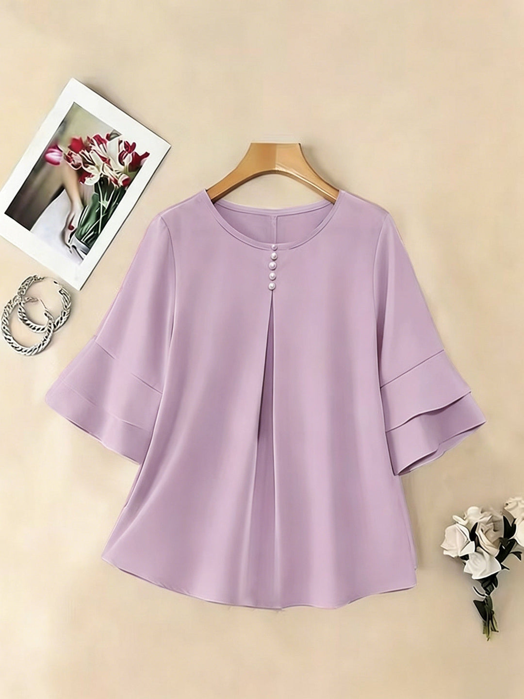 Flared-Sleeve Pleated Blouse for Women