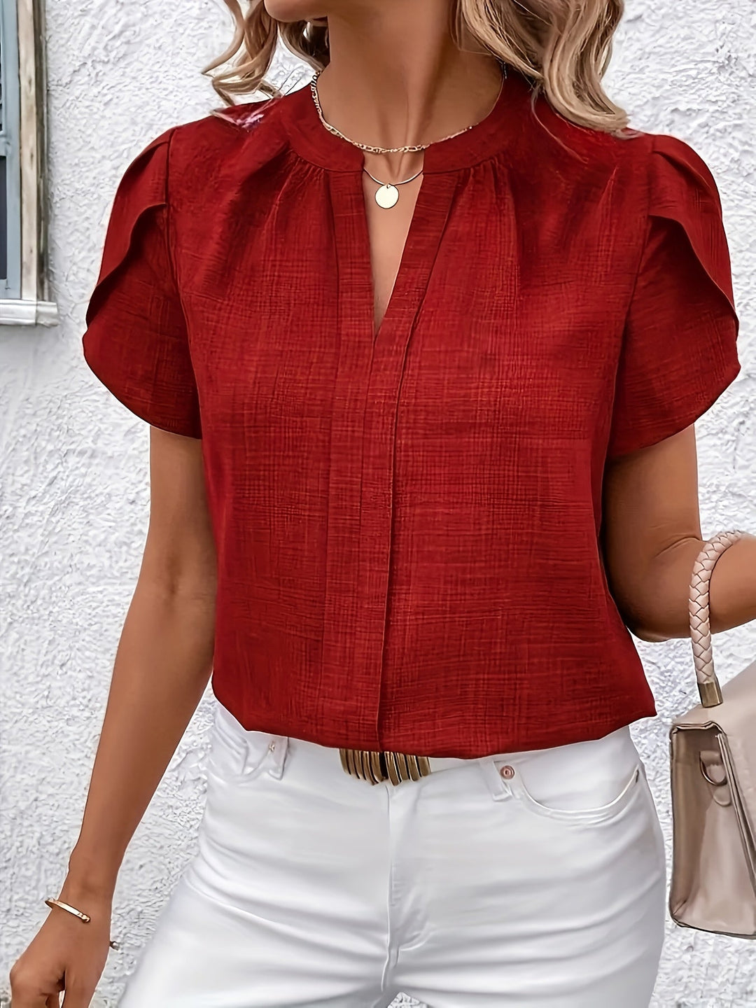 Petal Sleeve Notched Blouse for Women