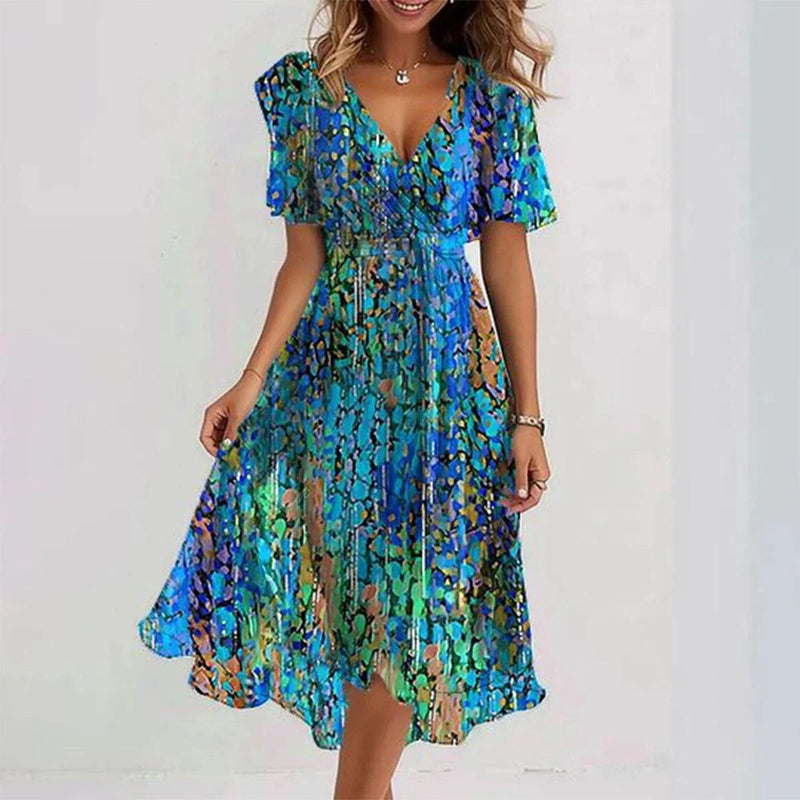 Short Sleeve Printed Dress, Women's Elegant Fit